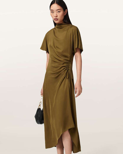 AllSaints Rosie Silk Blend Midi Dress Women's Khaki Green Women's