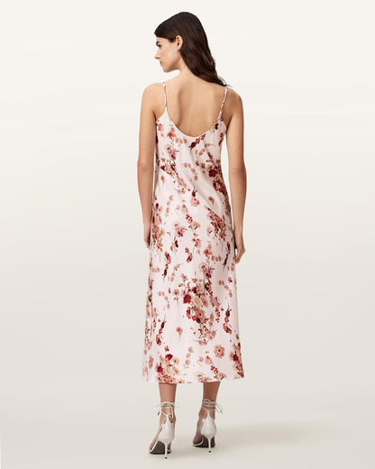 AllSaints Melody Floral Silk Blend Midi Slip Dress Women's Armada Soft Pink Women's