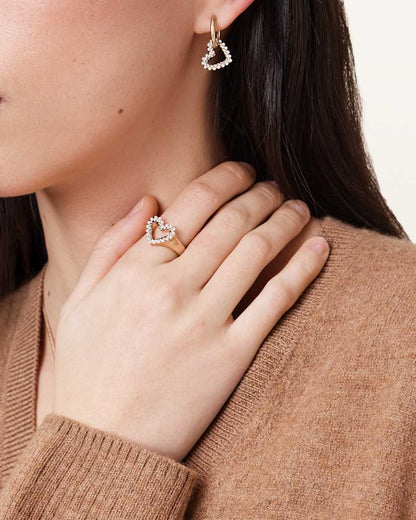 AllSaints Vida Heart Bead Embellished Signet Ring Women's Warm Brass/White Women's