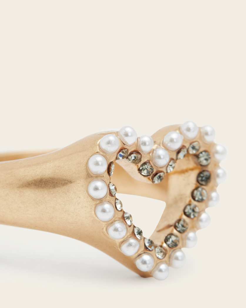 AllSaints Vida Heart Bead Embellished Signet Ring Women's Warm Brass/White Women's