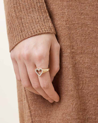 AllSaints Vida Heart Bead Embellished Signet Ring Women's Warm Brass/White Women's