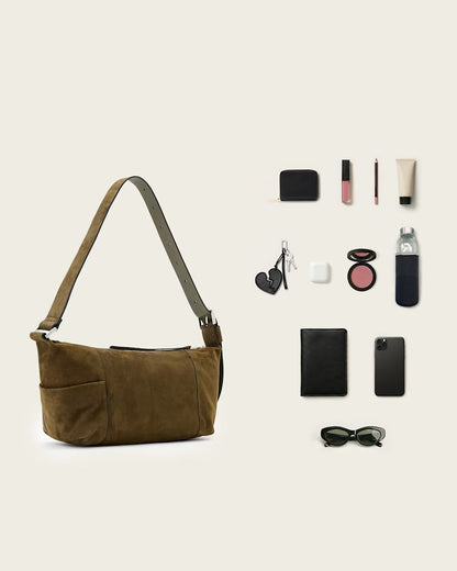 AllSaints Vega Suede Shoulder Bag Women's Olive Green Women's
