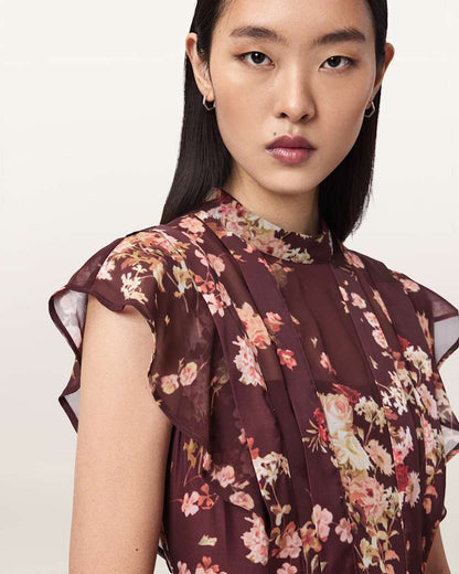 AllSaints Fleur Asymmetric Floral Dress Women's Armada Wine Red Women's