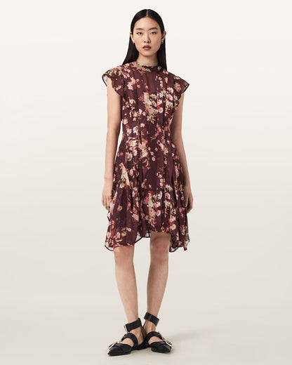 AllSaints Fleur Asymmetric Floral Dress Women's Armada Wine Red Women's