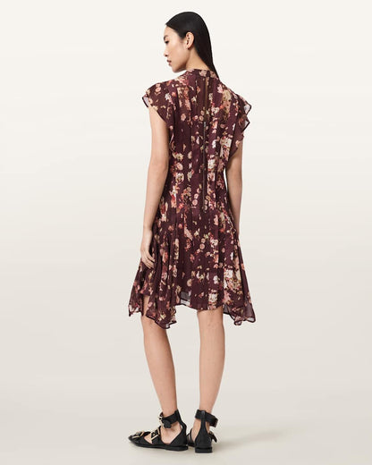 AllSaints Fleur Asymmetric Floral Dress Women's Armada Wine Red Women's