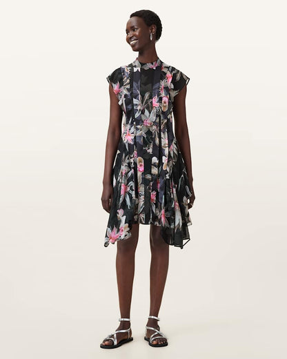 AllSaints Fleur Printed Asymmetric Mini Dress Women's Adena Black Women's