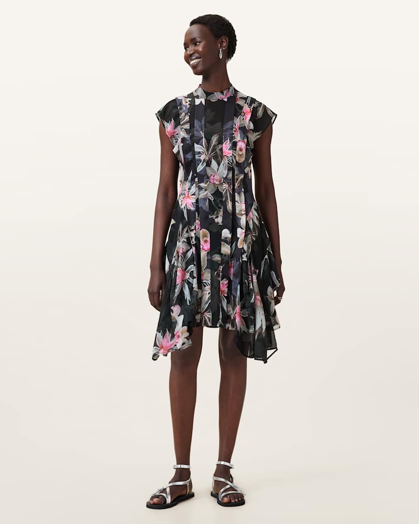 AllSaints Fleur Printed Asymmetric Mini Dress Women's Adena Black Women's