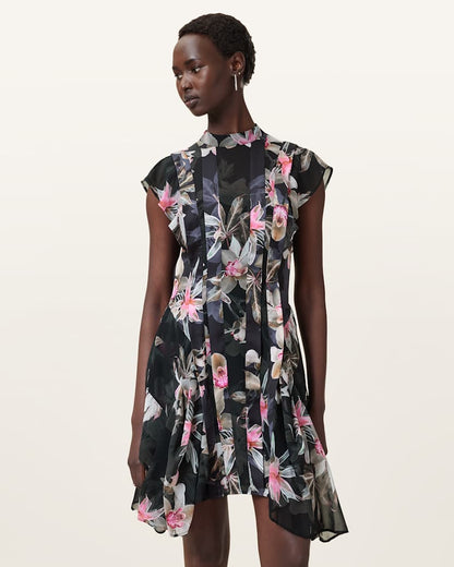 AllSaints Fleur Printed Asymmetric Mini Dress Women's Adena Black Women's