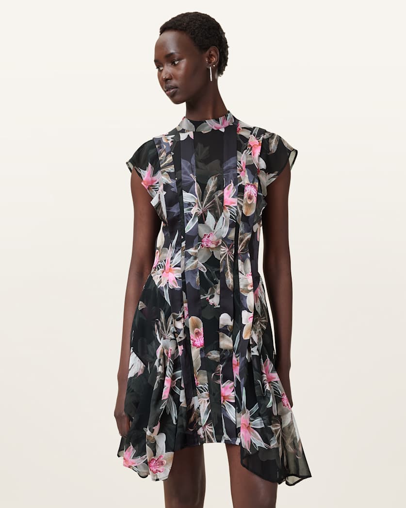 AllSaints Fleur Printed Asymmetric Mini Dress Women's Adena Black Women's