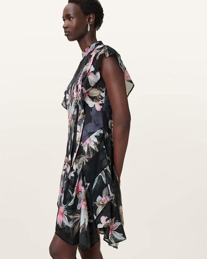 AllSaints Fleur Printed Asymmetric Mini Dress Women's Adena Black Women's