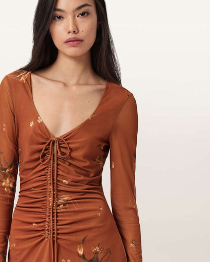AllSaints Gabby Mesh Maxi Dress Women's Ania Rust Brown Women's