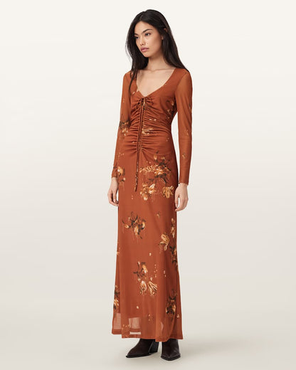 AllSaints Gabby Mesh Maxi Dress Women's Ania Rust Brown Women's