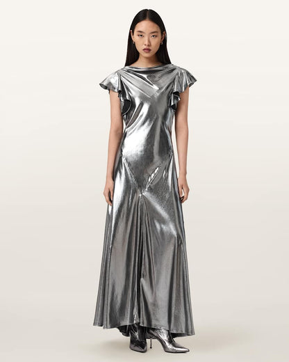 AllSaints Flora Metallic Maxi Dress Women's Metallic Silver Women's