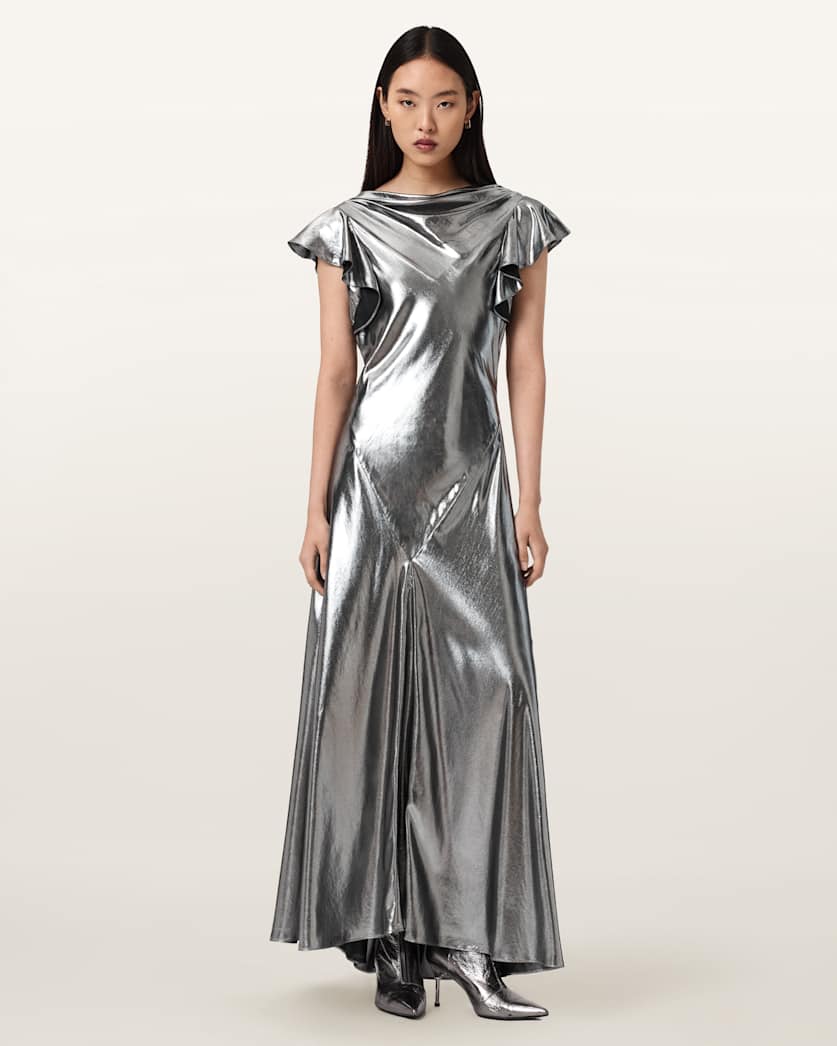AllSaints Flora Metallic Maxi Dress Women's Metallic Silver Women's