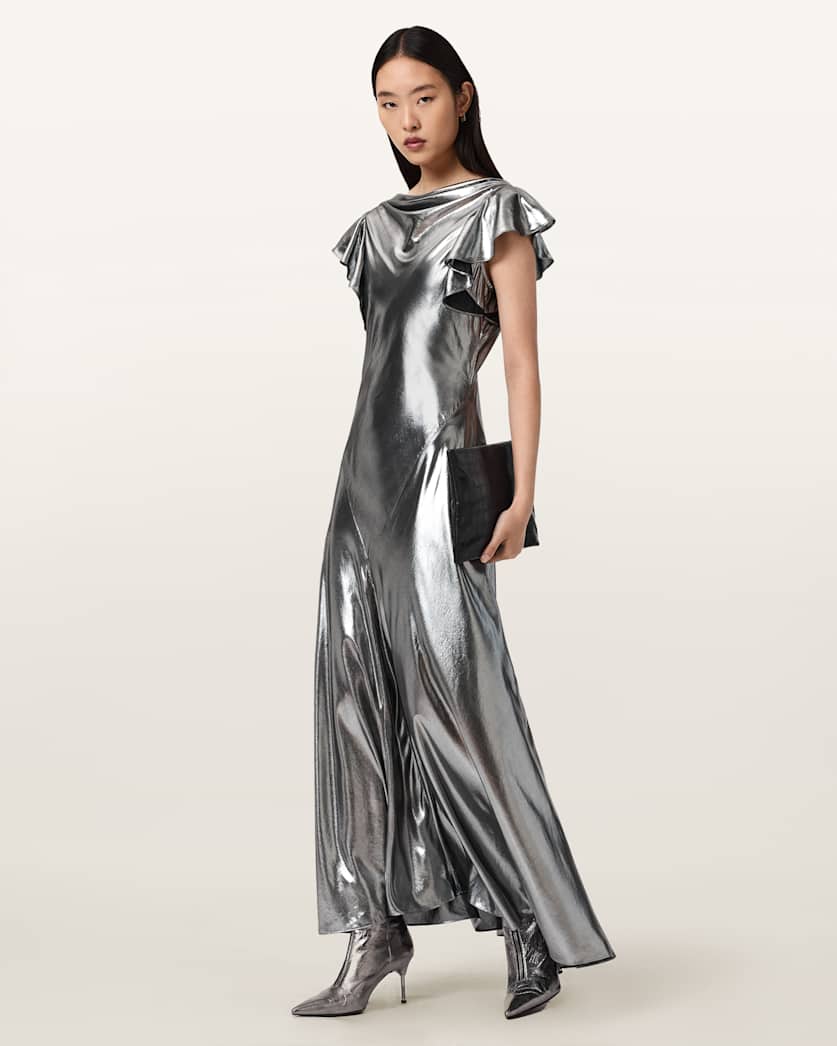 AllSaints Flora Metallic Maxi Dress Women's Metallic Silver Women's