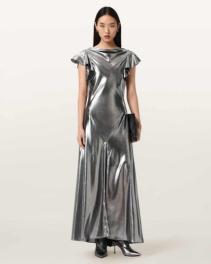 AllSaints Flora Metallic Maxi Dress Women's Metallic Silver Women's
