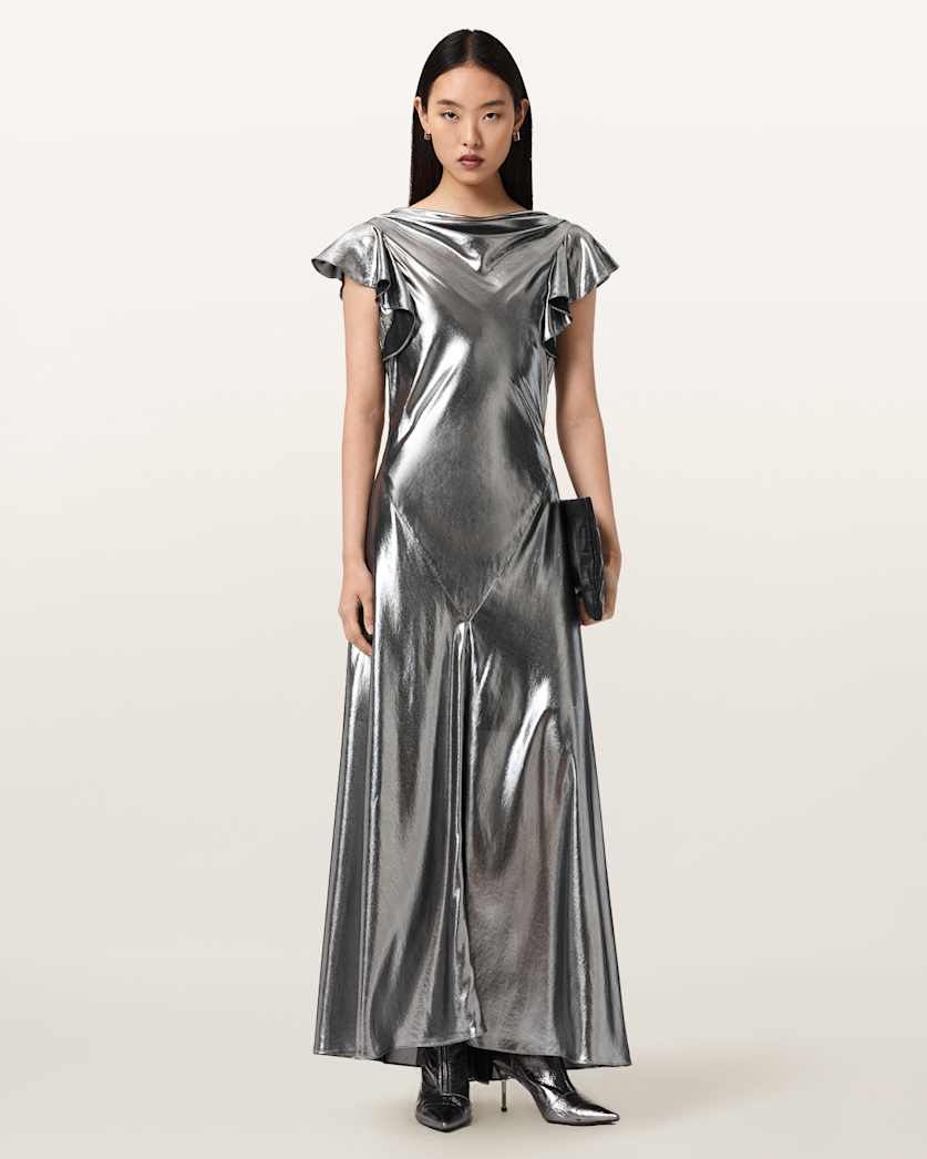 AllSaints Flora Metallic Maxi Dress Women's Metallic Silver Women's