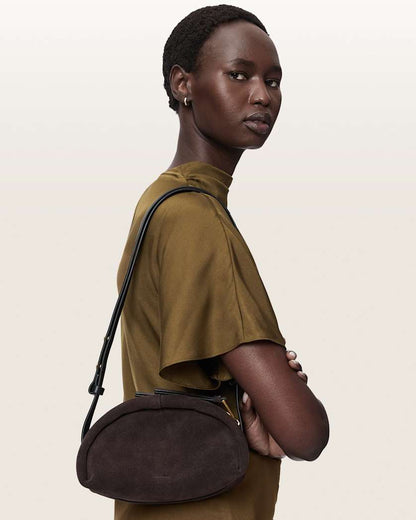 AllSaints Rosalie Arc Suede Crossbody Bag Women's Burnt Umber Red Women's
