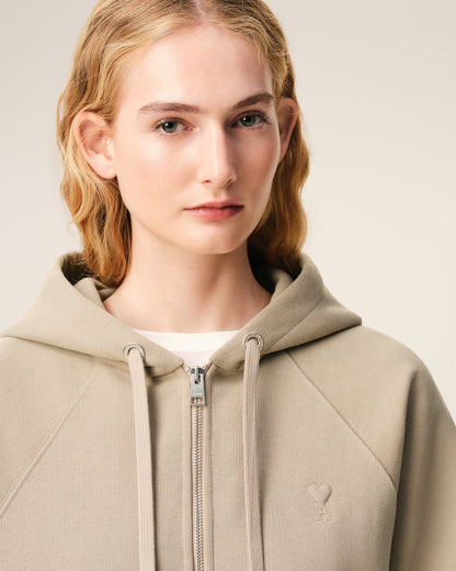 Beige Cotton Embossed Ami De Coeur Zipped Hoodie