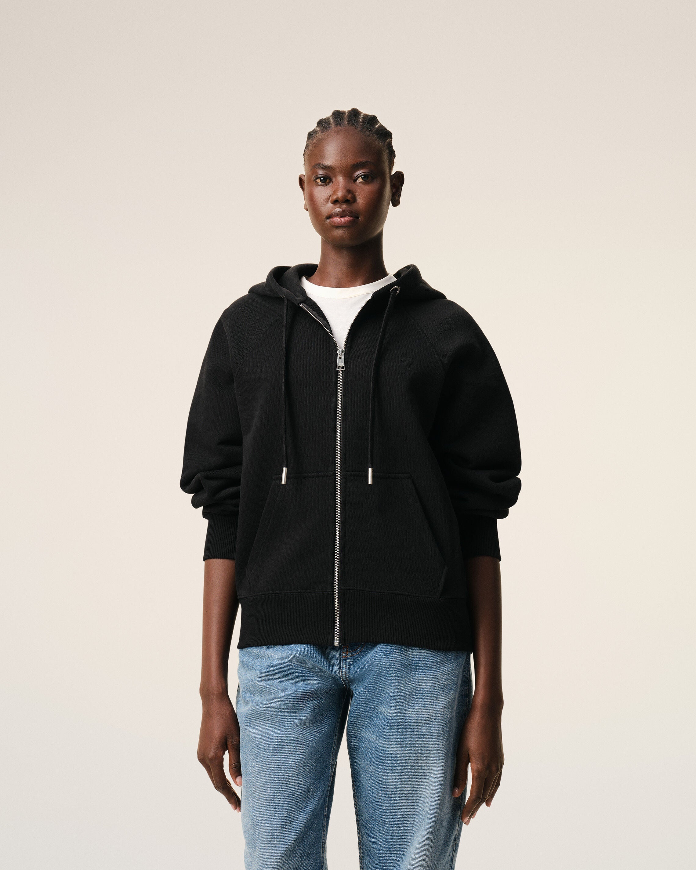 Black Cotton Embossed Ami De Coeur Zipped Hoodie