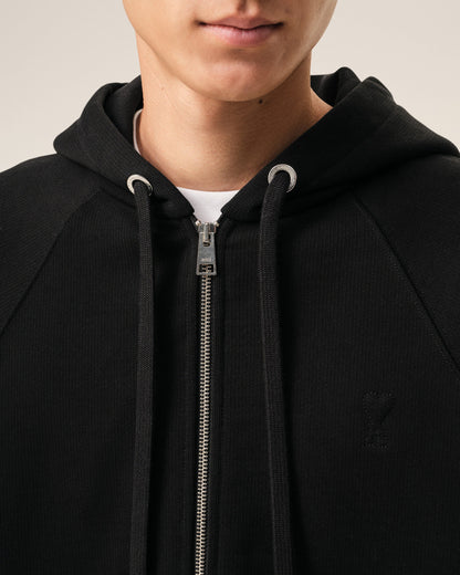 Black Cotton Embossed Ami De Coeur Zipped Hoodie