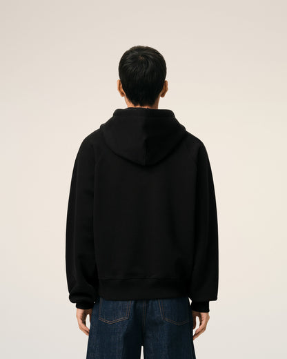 Black Cotton Embossed Ami De Coeur Zipped Hoodie