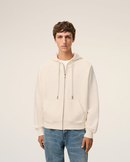 White Cotton Embossed Ami De Coeur Zipped Hoodie