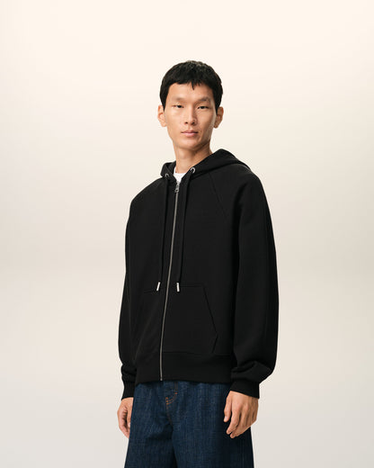 Black Cotton Embossed Ami De Coeur Zipped Hoodie