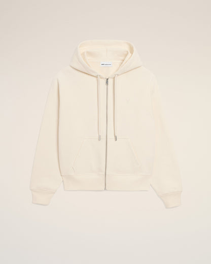 White Cotton Embossed Ami De Coeur Zipped Hoodie