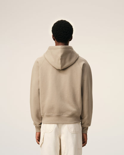 Beige Cotton Embossed Ami De Coeur Zipped Hoodie