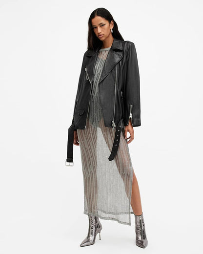 AllSaints Billie Oversized Leather Biker Jacket Women's Black Women's