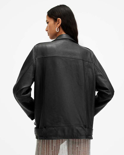 AllSaints Billie Oversized Leather Biker Jacket Women's Black Women's