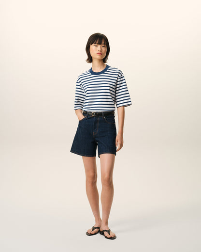 Blue Cotton Boxy Fit Mariniere Ami De Coeur Tshirt