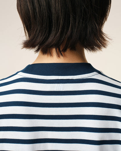 Blue Cotton Boxy Fit Mariniere Ami De Coeur Tshirt