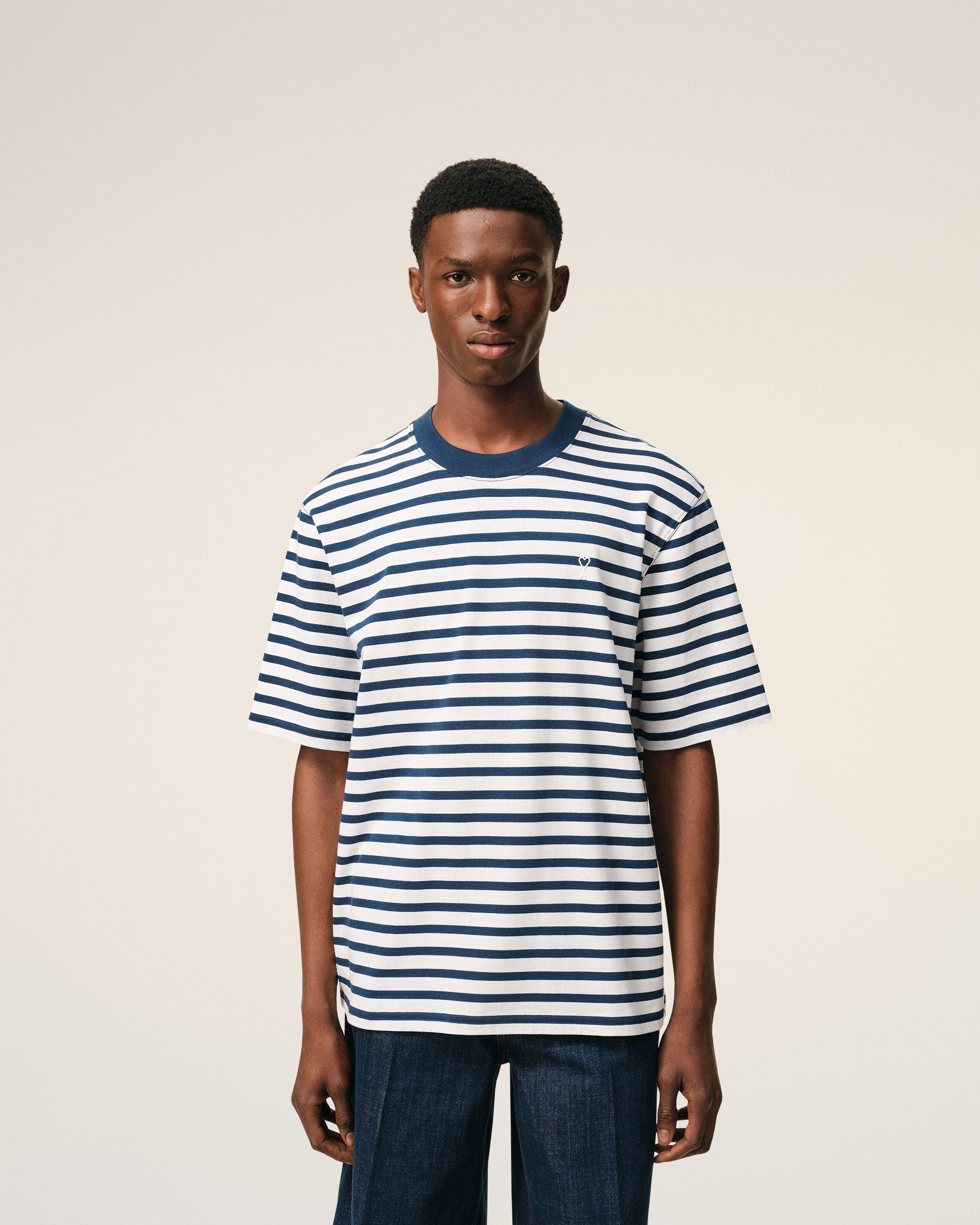 Blue Cotton Boxy Fit Mariniere Ami De Coeur Tshirt