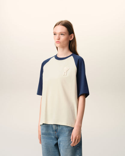 White And Blue Cotton Ami De Coeur Knitted Patch Tshirt