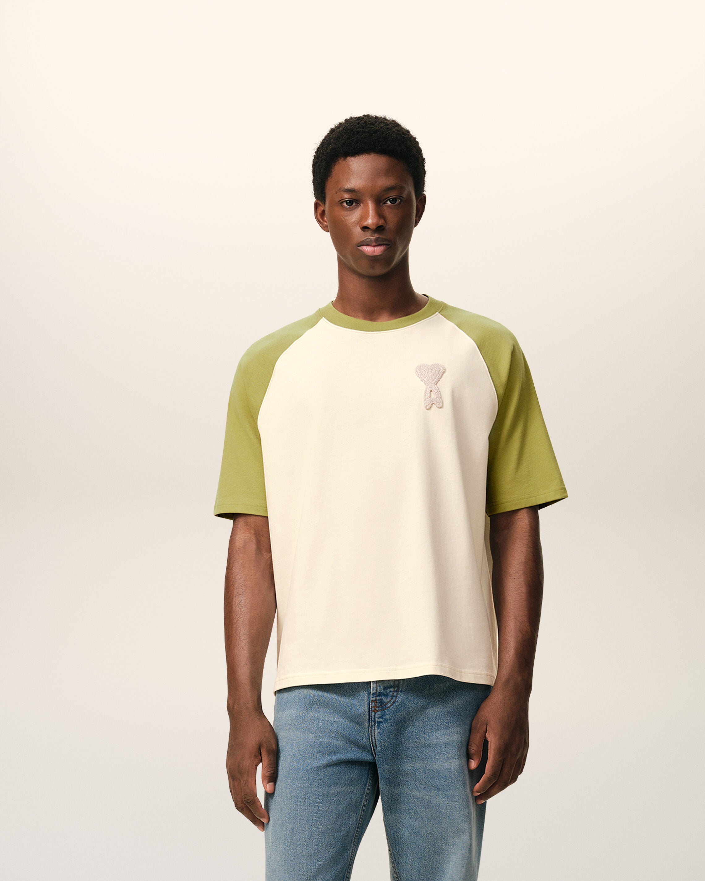 White And Green Cotton Ami De Coeur Knitted Patch Tshirt