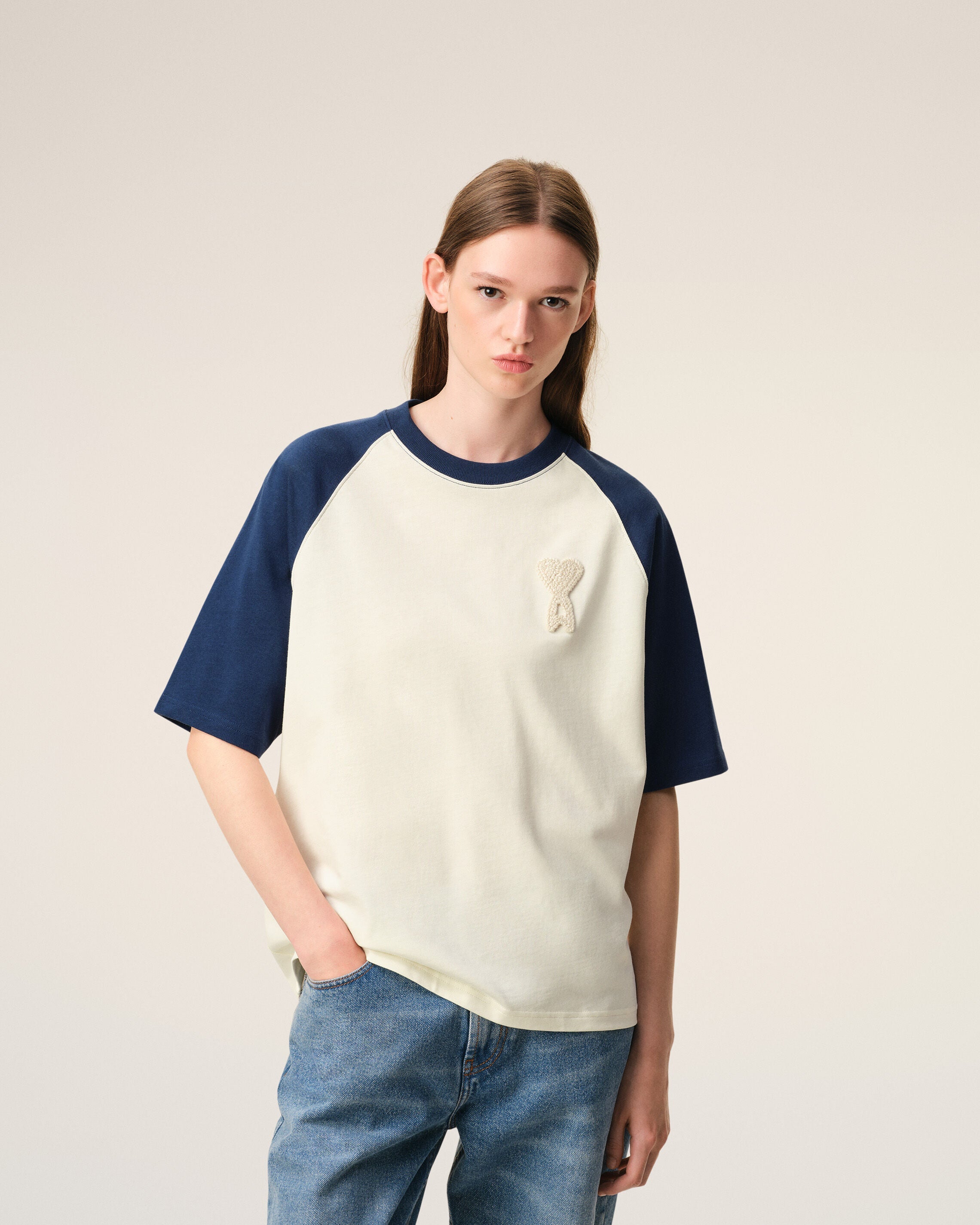 White And Blue Cotton Ami De Coeur Knitted Patch Tshirt