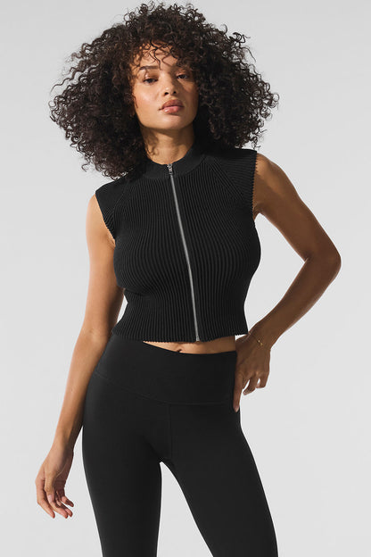 Alo Yoga Women'S Denim Knit Sleeveless Full Zip Top