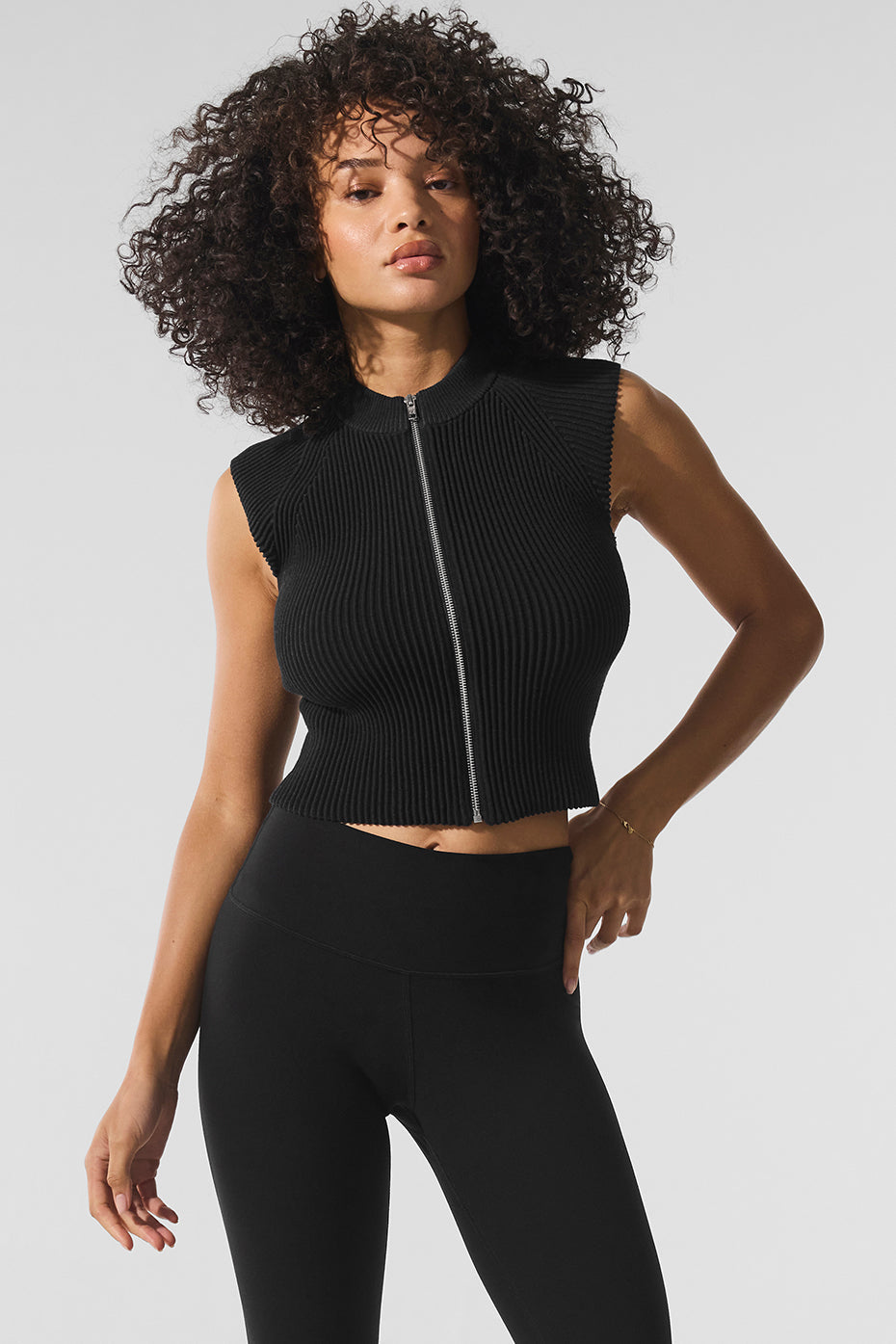 Alo Yoga Women'S Denim Knit Sleeveless Full Zip Top