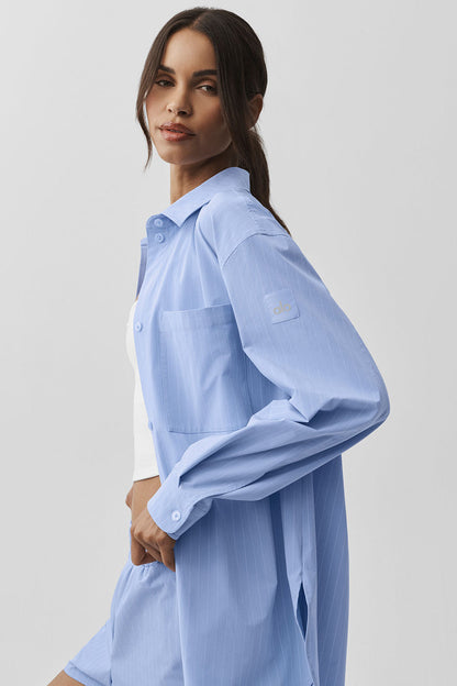 Alo Yoga Women'S Pinstripe Daylight Button Down Long Sleeve