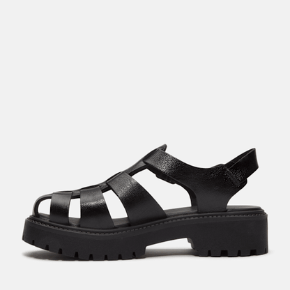 Timberland Stone Street Fisherman Platform Sandal Black Full-Grain Women'S