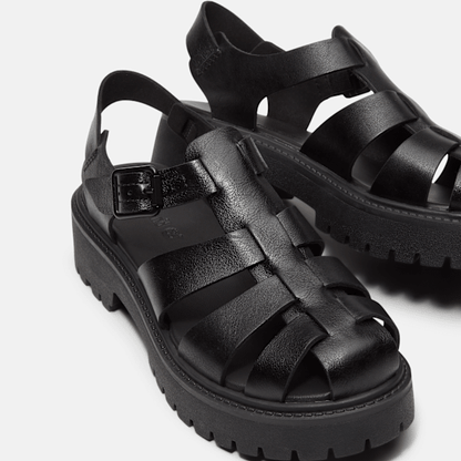 Timberland Stone Street Fisherman Platform Sandal Black Full-Grain Women'S