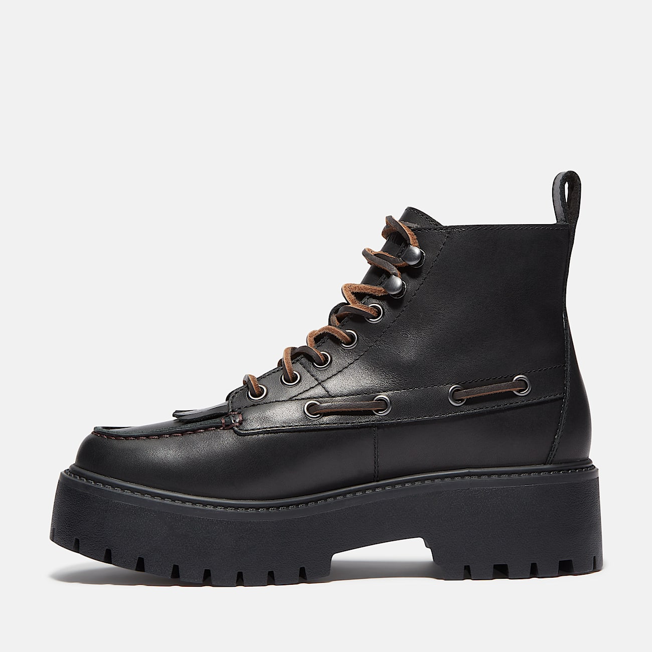 Timberland Womens Stone Street Platform Kiltie Boot Black Full-Grain