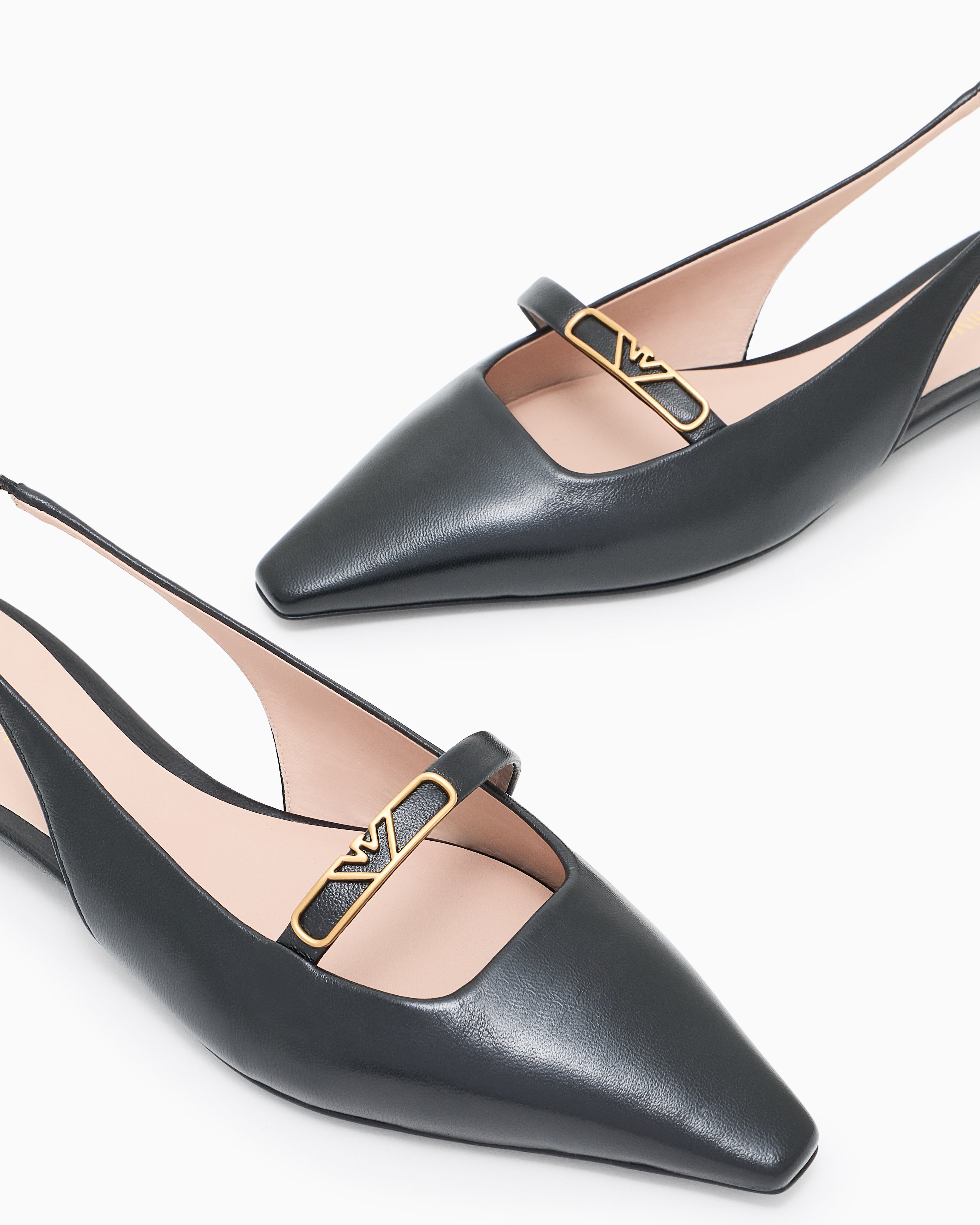 Emporio Armani Nappa-Leather Slingback Ballerinas With Eagle Plate Black