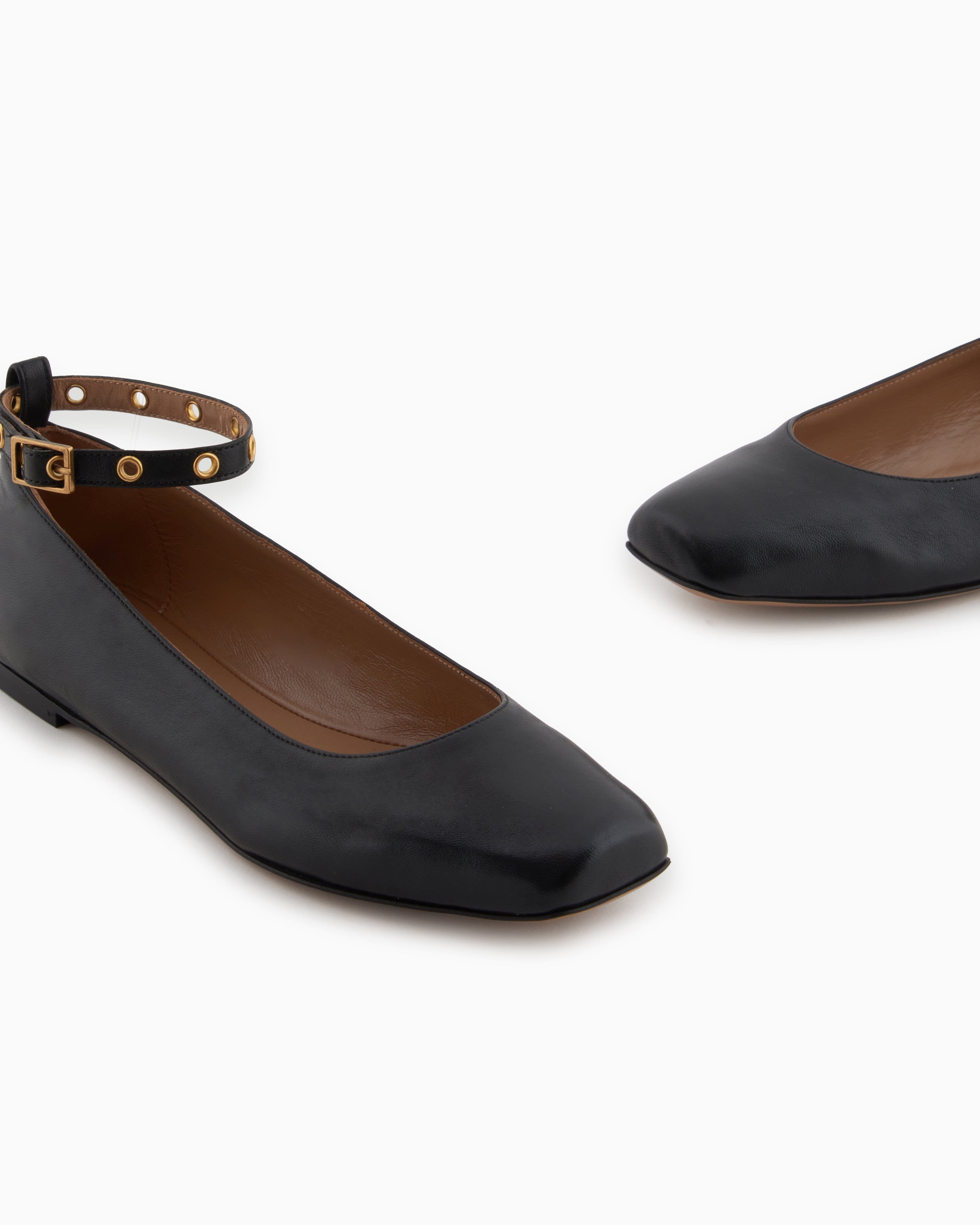 Emporio Armani Nappa-Leather Square-Toed Ballerinas With Strap Black