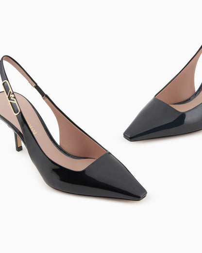 Emporio Armani Patent-Leather Slingback Court Shoes With Eagle Plate Black