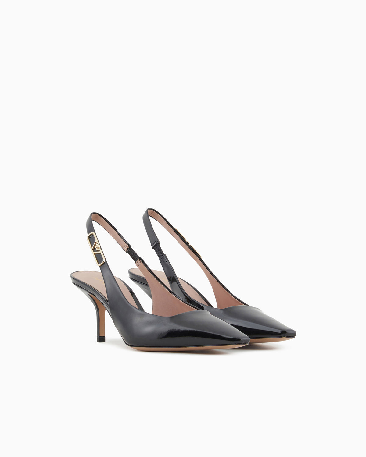 Emporio Armani Patent-Leather Slingback Court Shoes With Eagle Plate Black