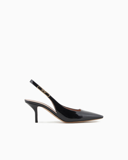 Emporio Armani Patent-Leather Slingback Court Shoes With Eagle Plate Black