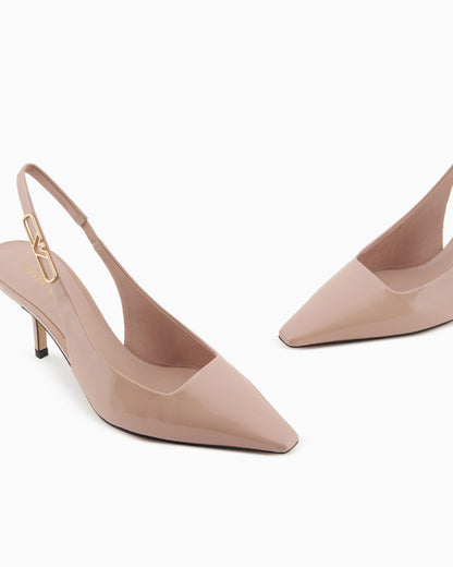 Emporio Armani Patent-Leather Slingback Court Shoes With Eagle Plate Beige